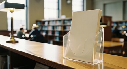 Blank flyer mockup in a holder on a library counter.