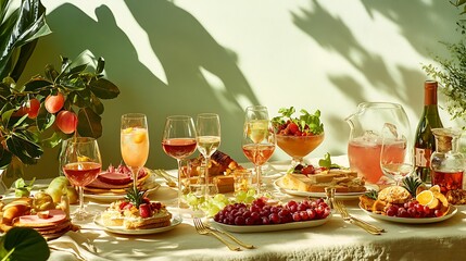 Table with plates full of various fresh food in cafe, freshly squeezed juices, eggs, fruits and sausages. Each bowl features various vegetables, herbs, and proteins.
