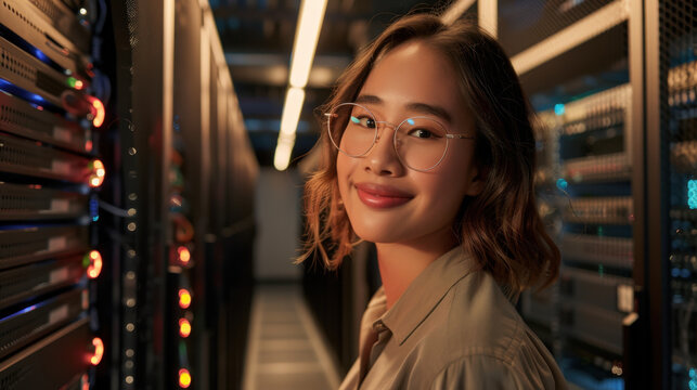 Young woman with glasses smiles confidently in modern data center, surrounded by server racks and glowing lights. atmosphere is tech savvy and professional, reflecting innovation and expertise