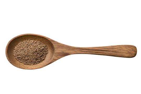 Spice Spoon: An overhead perspective captures the natural elegance of a wooden spoon holding a granular spice, its rich color and textures subtly illuminated.