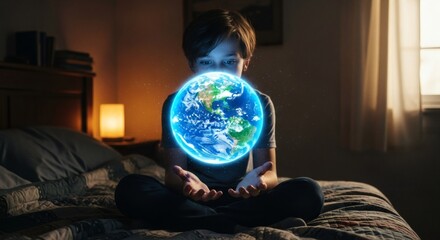 Young boy with a bright globe floating above his hands, symbolizing dreams and hope for the planet in the cozy bedroom setting.