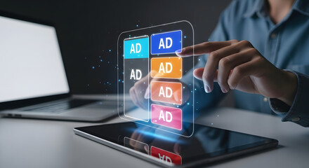 Person interacting with digital advertising interface on a futuristic screen