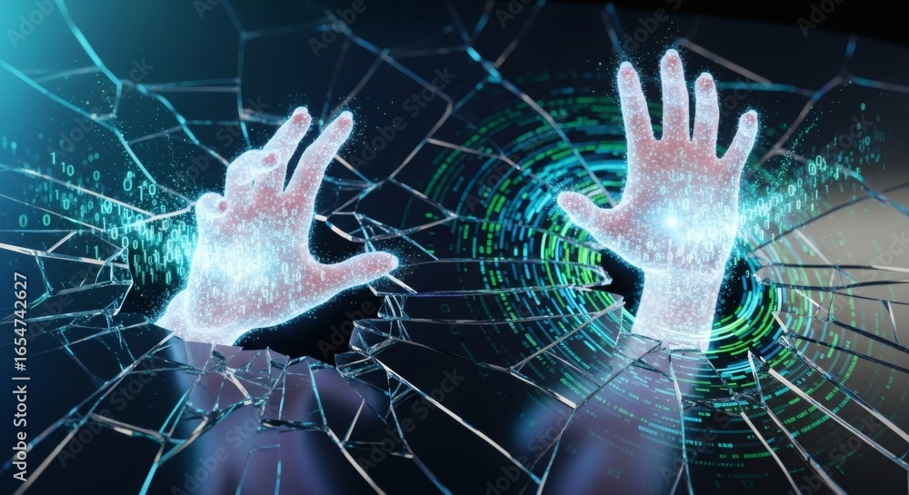 Fototapete abstract artwork featuring digital hands emerging from shattered glass with binary code elements, a 