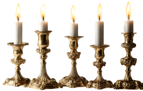 Five ornate brass candle holders with lit taper candles on transparent background