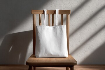 Minimalist White Tote Bag on Wooden Chair with Shadows and Natural Light in Contemporary Indoor Space