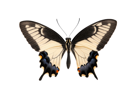Elegant Butterfly Display: Captivating display of an elegant butterfly, its intricate wings adorned with symmetrical patterns of black and white, creating a striking visual.