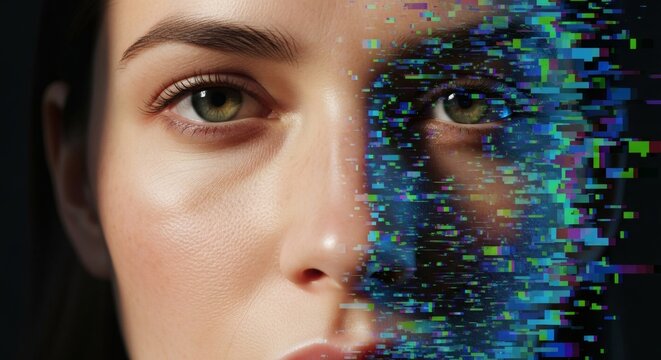 Woman's face transitioning into digital pixels, symbolizing technology's growing influence on identity and appearance in the modern world.