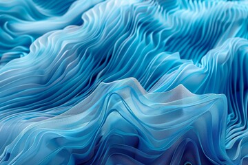 Obraz premium A detailed close-up view of a pleated, textured fabric with a gradient of shades of light and deep blue, exhibiting a dynamic and flowing aesthetic.