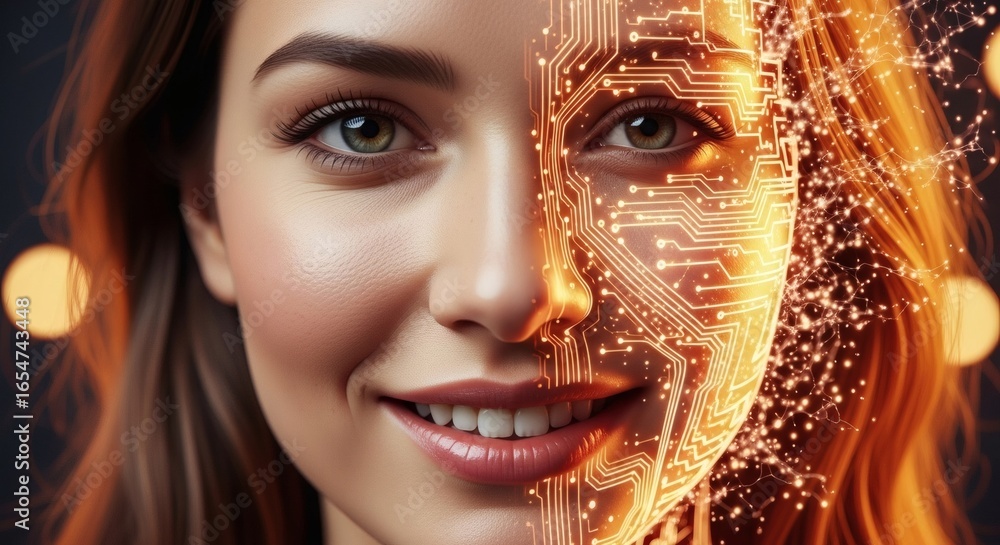 Poster human and tech merging concept with circuit details on face, shows connection between humanity and a