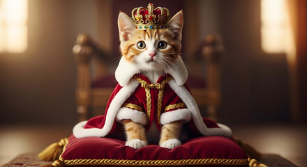 A ginger and white kitten sits regally on a red cushion, wearing a crown and a red and gold cape, posed like royalty.