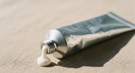 Close up of white cream squeezed from a blank aluminum tube