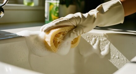 Gloved hand cleaning a white sink with a soapy sponge.