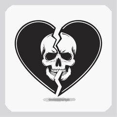 Vector Illustration of a Heart Broken with a Skull Symbol, Representing Heartache and Pain