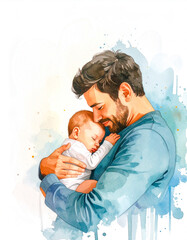 family at home. baby sleeping in father's  arms.
