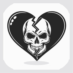 Vector Illustration of a Heart Broken with a Skull Symbol, Representing Heartache and Pain