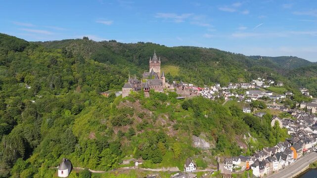 Cochem imperial castle, hilltop landmark on mountain, Moselle Valley, aerial view mosel river, Germany, middle age gothic monument, history 