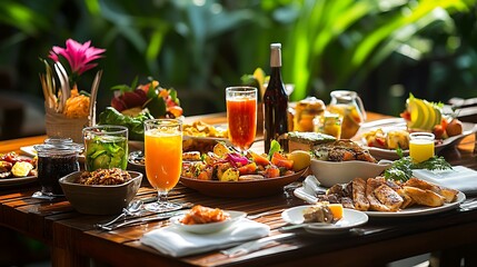 Table with plates full of various fresh food in cafe, freshly squeezed juices, eggs, fruits and sausages. Each bowl features various vegetables, herbs, and proteins.