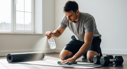 Man cleaning exercise mat with spray after workout at home.