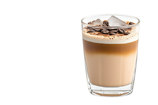 A Refreshing Cold Coffee: A visually appealing iced coffee features layers of cold brew, milk, and whipped cream, topped with coffee beans. - Powered by Adobe