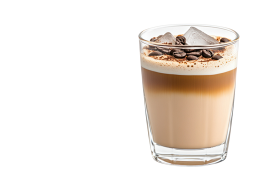 A Refreshing Cold Coffee: A visually appealing iced coffee features layers of cold brew, milk, and whipped cream, topped with coffee beans.
