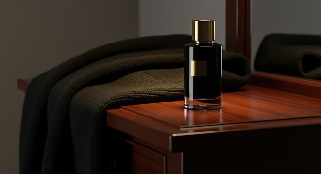 Luxury men's perfume bottle on a wooden dresser with a sweater