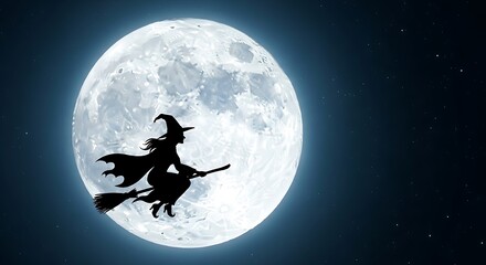 Photo of witch flying on broomstick in full moon
