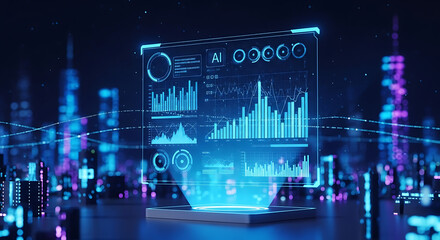 Futuristic holographic display showing financial data and charts in a modern city at night.