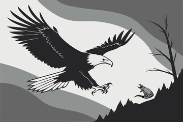 Monochrome illustration of an eagle hunting a mouse in a mountainous area