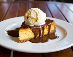 Decadent cheesecake slice with vanilla ice cream and rich chocolate sauce on a white plate