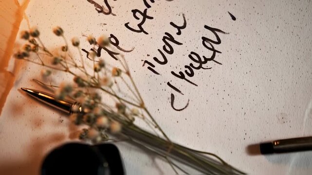 Elegant calligraphy on textured paper with floral accents and a stylish pen for writing