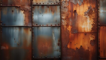 close up view of weathered and oxidized metal panel wall with rust and texture