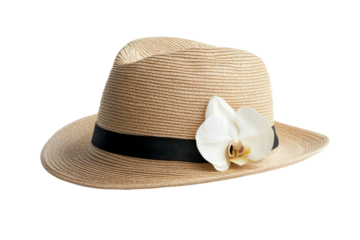 Straw Hat Elegance: A stylish straw hat, adorned with a delicate white orchid, embodying a classic sense of fashion, sophistication, and elegance, set against a neutral backdrop.