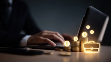 Investor at Laptop with Glowing Portfolio and Coin Icons, Wealth Management and Financial Planning Concept