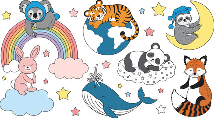 Adorable Animal Cartoon Characters on Clouds and Rainbow
