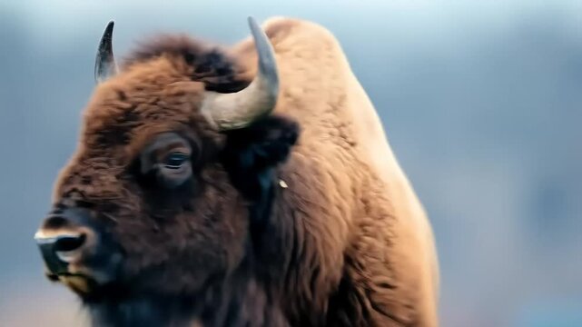 Bison portrait, field background, wildlife reserve, nature photography, poster