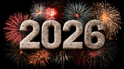 Bright sparkling 2026 digits in center with vibrant golden fireworks and night festive glow