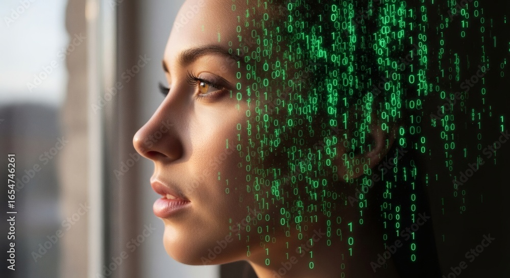 Fototapete a woman's digital transformation is captured with a cascade of binary code, symbolizing technology's