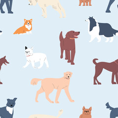 Funny pets seamless pattern. Different dogs, bulldog, retriever, corgi. Print for fabric, wallpaper, wrapping. Cartoon flat puppies, vector background