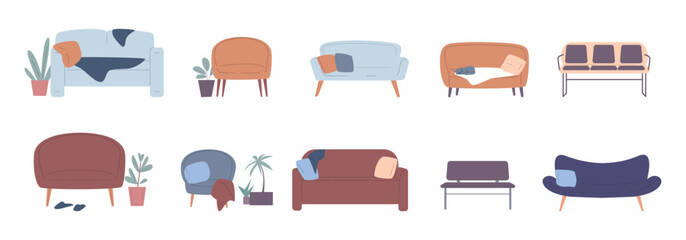 Living room interior furniture. Different coach, sofa, chair, houseplants. Office waiting area sofas, bench for public space with pillows, vector clipart
