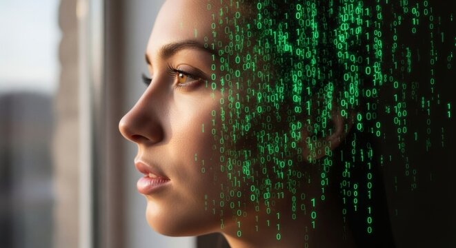 A woman's digital transformation is captured with a cascade of binary code, symbolizing technology's influence on identity and perception.
