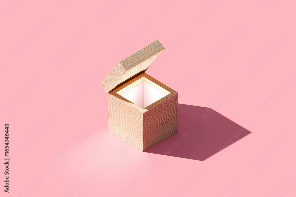 Poster small wooden box isometric view slightly open lid empty interior soft shadow pink background minimal