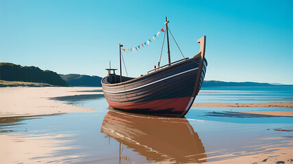 Fototapeta premium Wooden fishing boat with colorful flags rests on sandy beach at low tide wooden boat nautical
