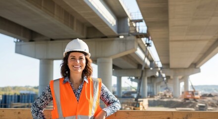 A woman in a hard hat and safety vest standing on a construction site.