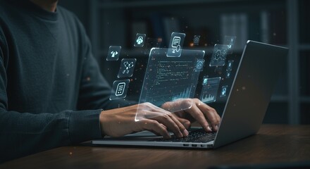 Man analyzing digital data on futuristic interface with glowing icons and charts on laptop screen