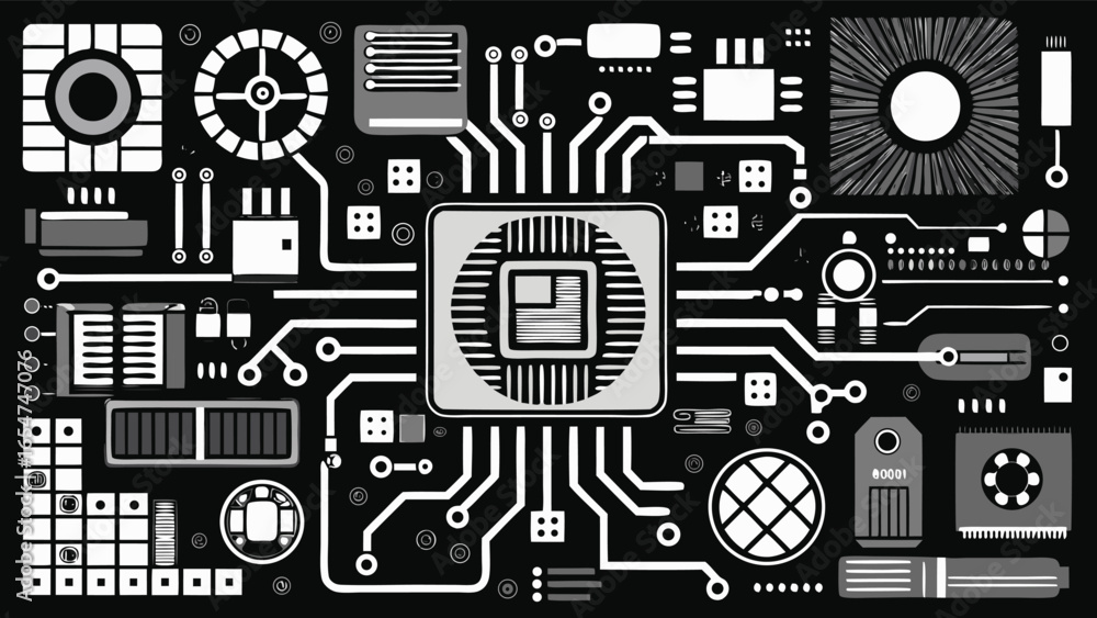 Poster digital vector image of a circuit board background, highlighting complex circuits and electronic com