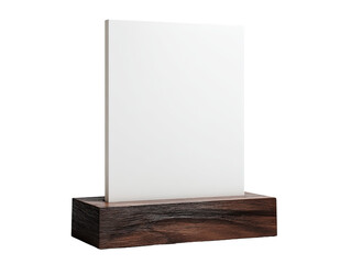 A blank, rectangular, white sign sits atop a dark wooden base