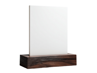 A blank, rectangular, white sign sits atop a dark wooden base