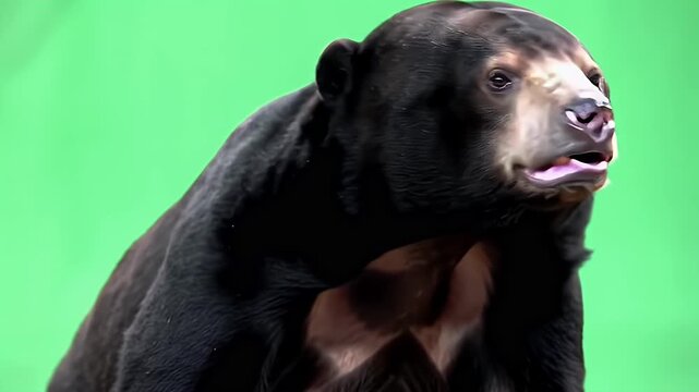 Malayan Sun Bear (Helarctos malayanus) Portrait Against Green Screen Background, Wildlife Animal Study