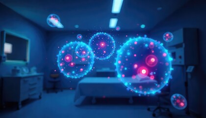 Glowing virus particles floating in a blue toned hospital room with a medical bed and bedside table