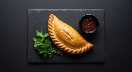 Traditional Savory Pastry on a Black Slate Plate with Parsley and Sauce